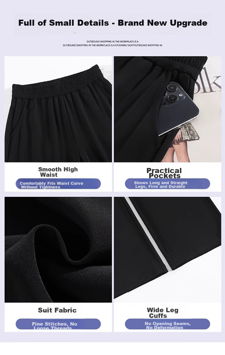 LangSha Black Straight-Leg Dress Pants, Summer Ice Silk Draping High-Waist Wide-Leg Pants for Women, Loose-Fitting Slimming Casual Trousers 11
