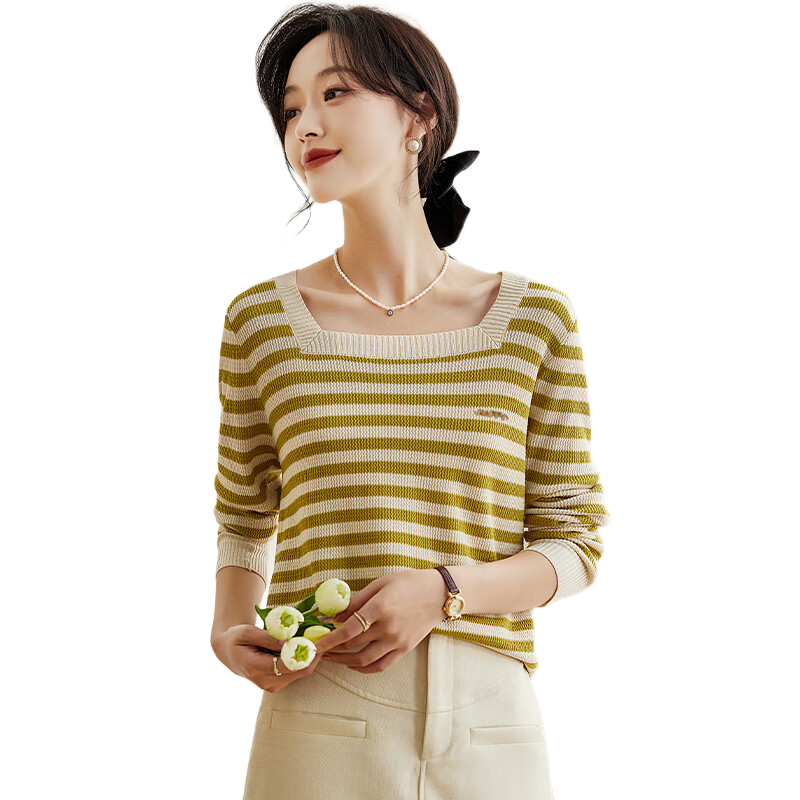PinCai Women's Knit Sweater, Wilderness Maillard Letter Brooch, Square Neck Knitted T-Shirt, Striped Inner Layer Top P143Z3007