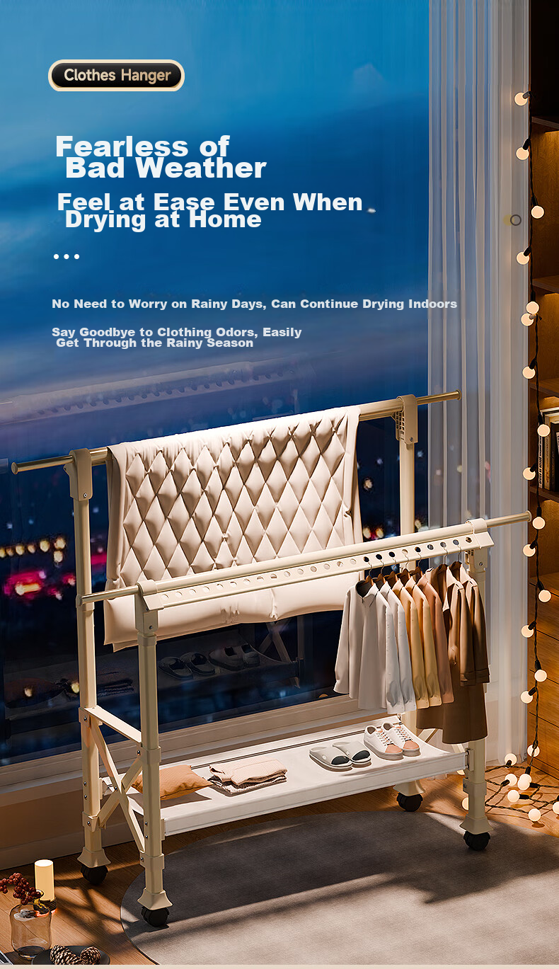 Cenggao Clothes Drying Rack, Floor-Standing No Installation Required, Home Balcony Folding Drying Pole, Third Generation Milk White Color, Height Adjustable, Large Size 10