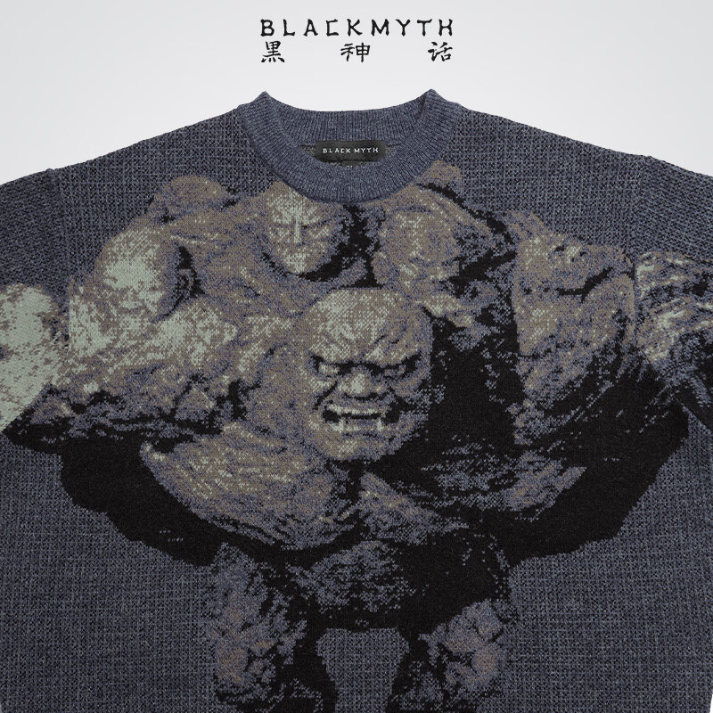 Heishenhua Stone Head Sweater Cyan Blue Size M Heishenhua Wukong Official Merchandise Unisex Jacquard Loose Thick Crew Neck Pullover Knit Sweater
