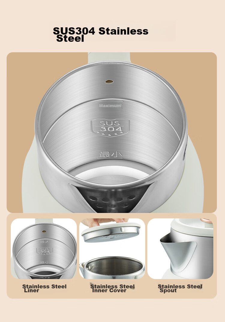 PESKOE Electric Kettle, Water Boiler, Hot Water Kettle, 1.5L Double-Layer Anti-Scalding Kettle, 304 Stainless Steel Hot Water Kettle, DF1515A-04, Gree 4