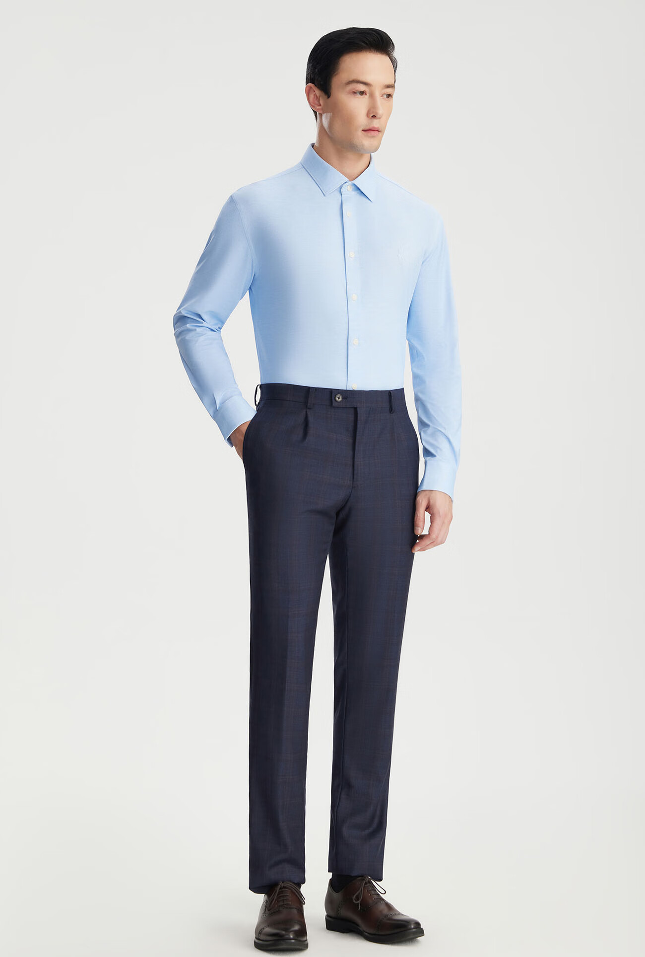 OUDING Mulberry Silk Sicilian Blue High-Elastic Shirt for Men, Business Wrinkle-Free Casual Long-Sleeve Shirt Spring Wear, Sicilian Blue, Size 41 6