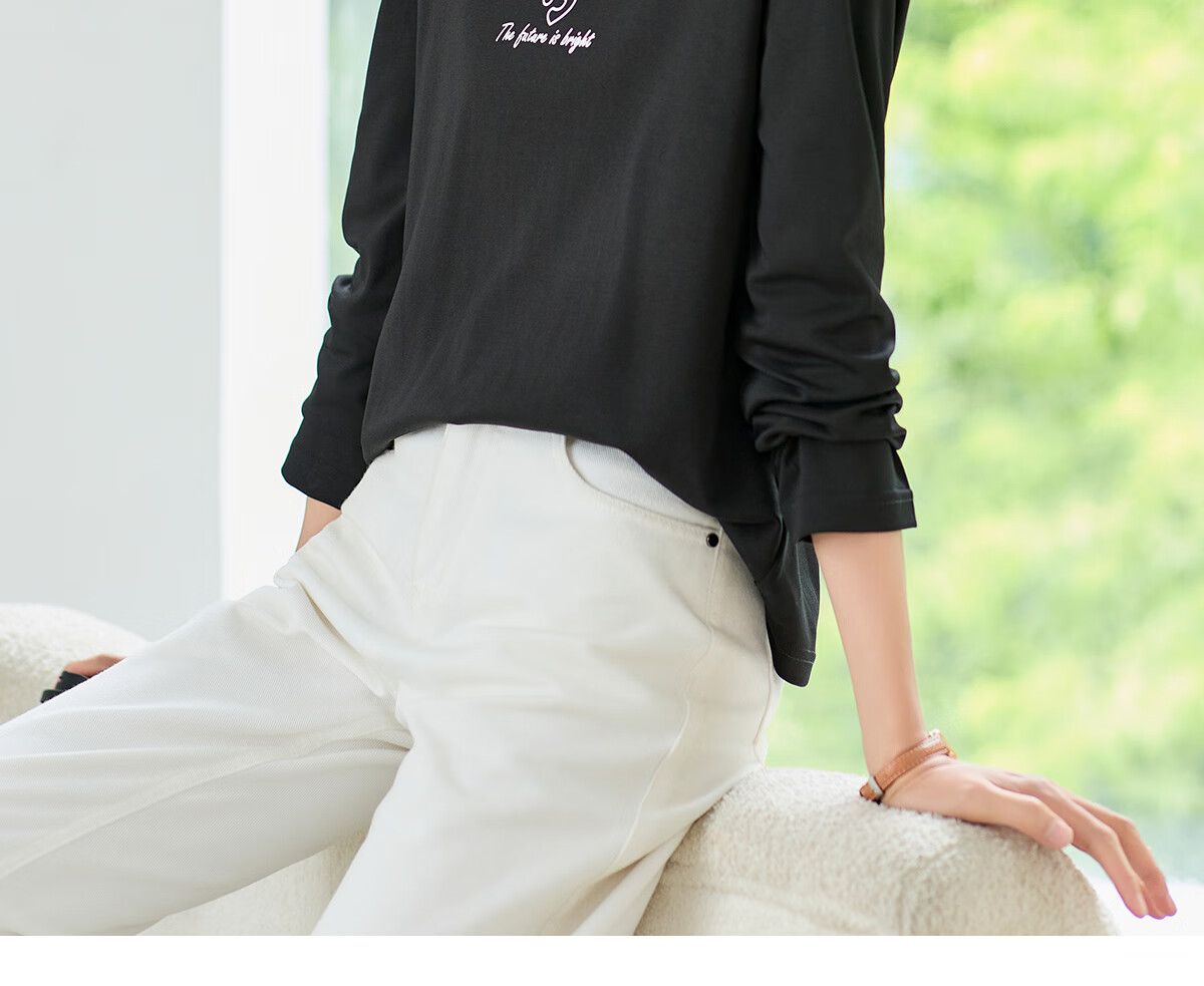 Chushen Women's Spring and Autumn Long Sleeve T-Shirt Pure Cotton Basic Loose Letter Print Crew Neck Top S143T2013 15