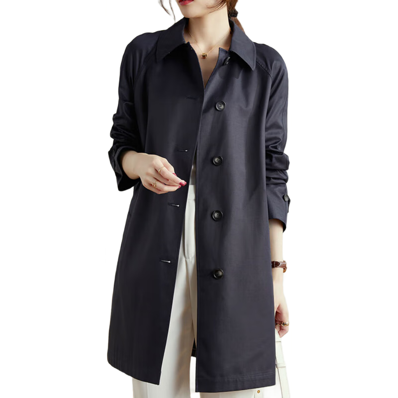 AOTUN British Style Women's Mid-Length Trench Coat Korean Version Slim Straight Jacket AT2359 Navy Blue M