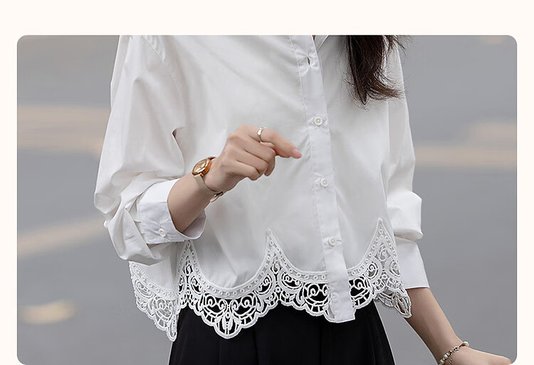 Dme [Moonlight Night Song] Spring And Autumn Gentle Pure Cotton Shirt with Lapel, Lace Trim, Patchwork Short Blouse Women's Top 3