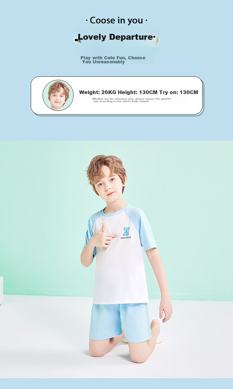 LangSha Children's Pajamas for Boys, Summer Thin Breathable Pure Cotton Home Wear, Middle School Student Raglan Sleeve Short-Sleeve Set, Size 160 10
