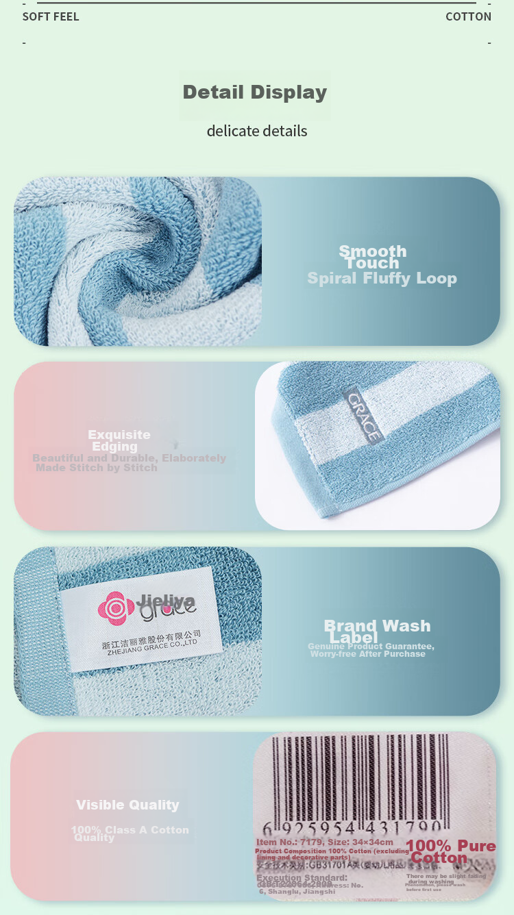 Grace Class A Antibacterial And Anti-Mite Pure Cotton Square Towels, 3-Pack, Soft Comfortable Thickened Absorbent Small Towels for Wiping Sweat And Sports 7