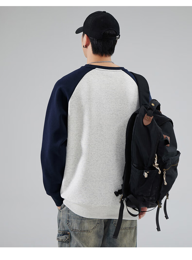 Jeanswest Men's Sweatshirt 2026 Spring Crewneck Pullover Drop Shoulder Colorblock Loose Casual Simple Fashion Navy Blue with White and Gray XL 9