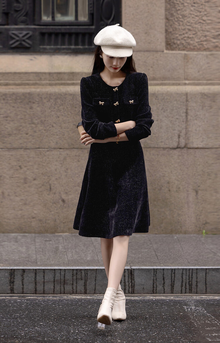 DME "New Year and Roses" Autumn/Winter Velvet Touch Shiny Silk Butterfly Bow Decorated Bubble Sleeve Waist-Enhancing Elegant Women's Dress 5