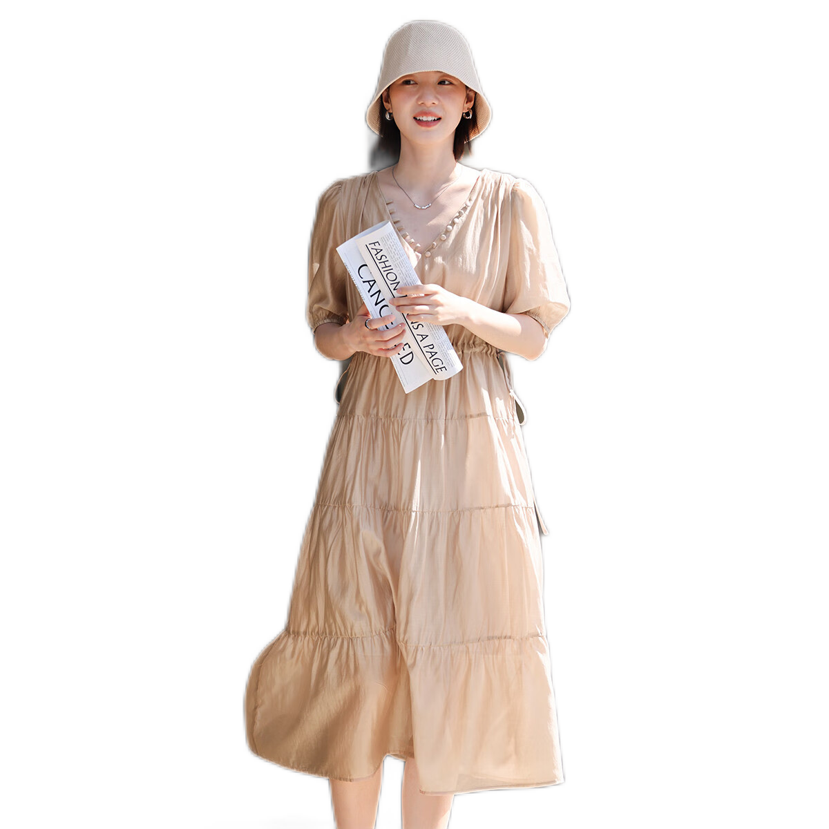 Dme Tencel Flowy Dress with Drawstring Waist Design, V-Neck Short-Sleeve Dress for Women, Light Pink, M