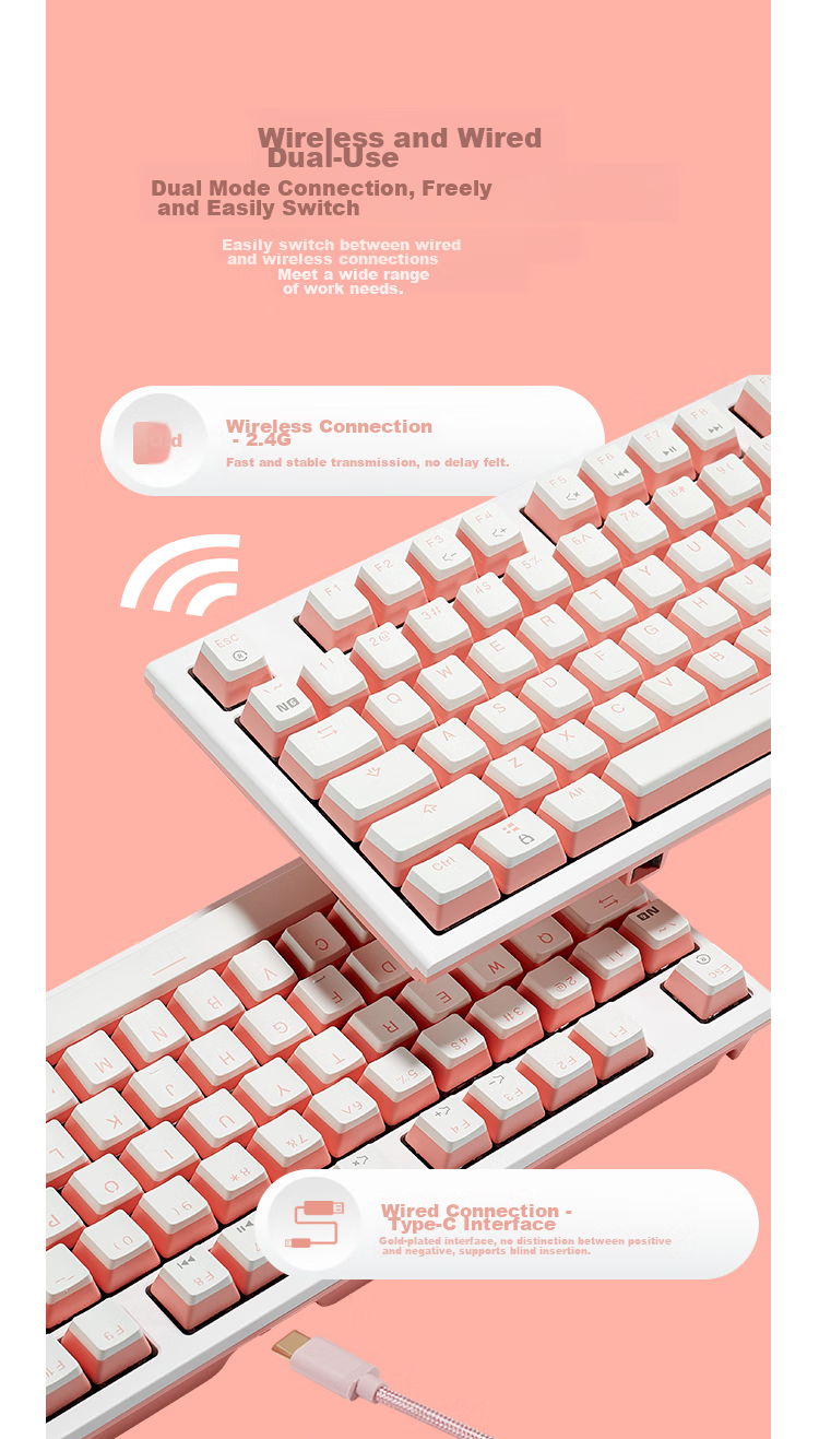 Hyeku X3 Wired/wireless 2.4G Dual-Mode Gaming Mechanical Keyboard, 87 Keys, PBT Keycaps, Kaikhua BOX New Switch, Peach Bubble Water, Kaikhua Rose Red Switch with Clip And Wrist Rest 8