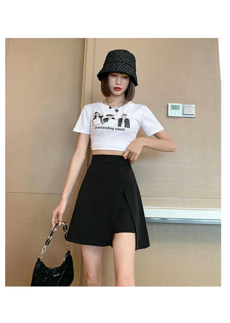 Langsha Women's High-Waist Asymmetric Slit Design Slim Fit A-Line Anti-Exposure Short Skirt Pants 17