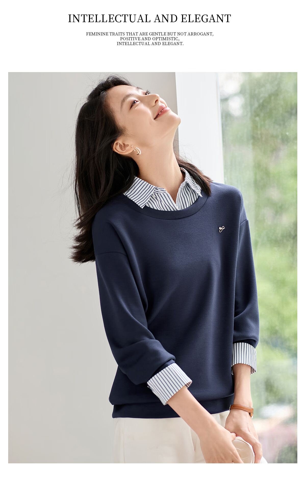 Chushen Women's Patchwork Striped Shirt Collar, Fashionable Faux Two-Piece Design with Delicate Brooch Top S143W1012 14