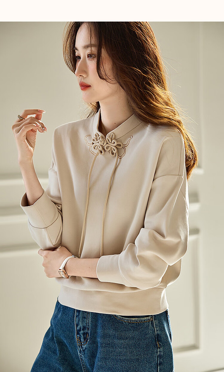 Dme [National Style New Chinese] Spring And Autumn Retro Stand Collar Exquisite Iron-On Disc Button Comfortable Air Layer Sweatshirt Women's Top 17