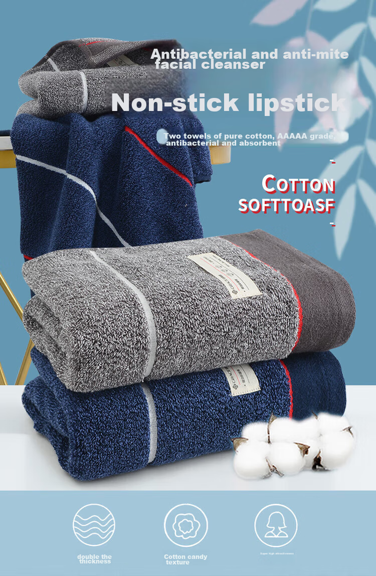 Grace Antibacterial And Anti-Mite Towels, 2-Pack, Pure Cotton, Thickened, Highly Absorbent, Soft Face Towels, Blue + Gray, 108g Sports 1
