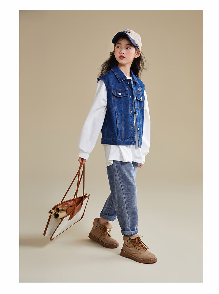 QQ DUCK Children's Denim Vest, Girls' Sleeveless Jacket, Youth Clothing, Classic Vest in Light Blue; Size 130 18