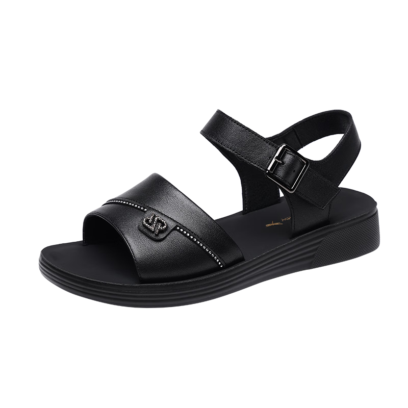 RED DRAGONFLY Women's Leather Flat Sandals Soft Leather Soft Sole Summer Slippers for Moms Middle-aged and Elderly Beach Shoes WTK240781 Black Size 39