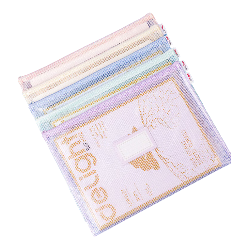 Deli Back-To Stationery, 5 A4 Grid Zipper Pouches, File Folders for Students' Subject Classification, Label Style, Macaron Color Assortment, 63482A