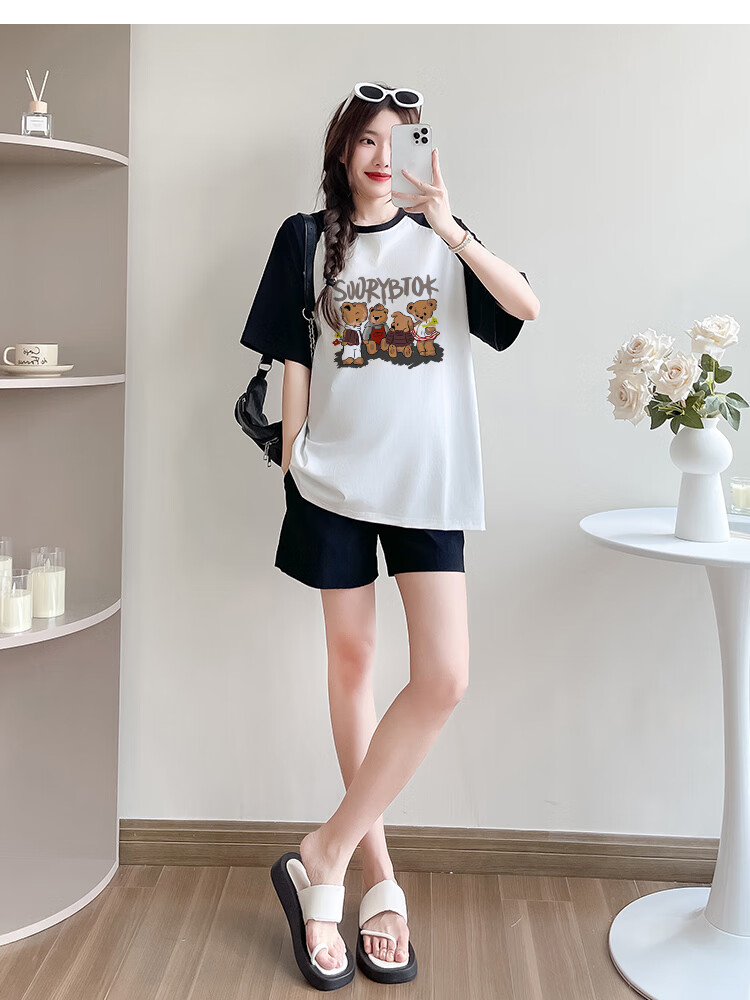 JOYNCLEON Maternity Summer Thin Loose Raglan Sleeve Printed T-Shirt and Versatile Shorts Set White L Jtz158115 15