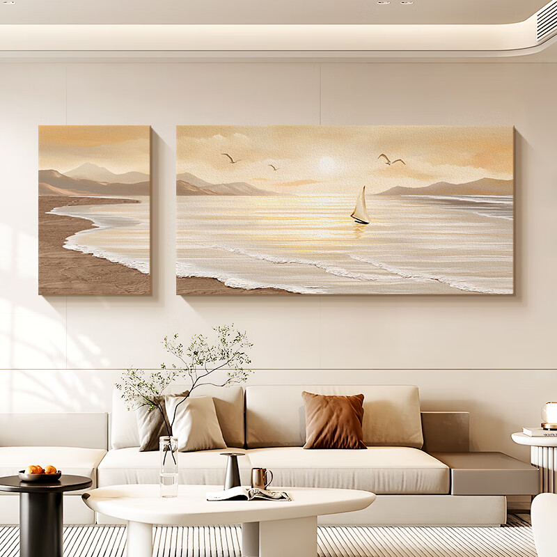 Haojiubujian Smooth Sailing Living Room Decorative Painting, Modern Minimalist Sofa Background Wall Hanging, Cream-Style Three-Dimensional Sandstone Mural