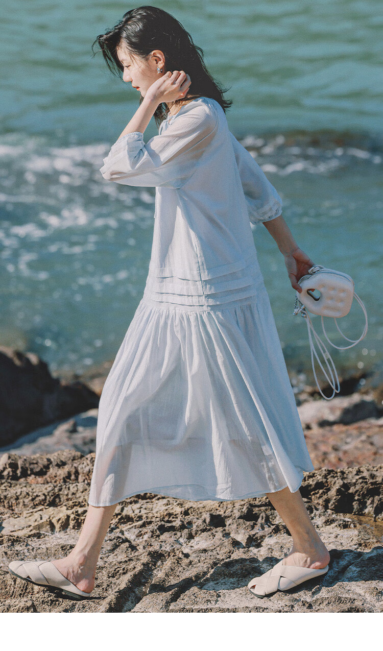 Dme First Love Style Light Blue Dress, Round Neck, Tie-Up Collar, Fairy-Like Long Sleeve Dress for Women, Light Blue, M 8