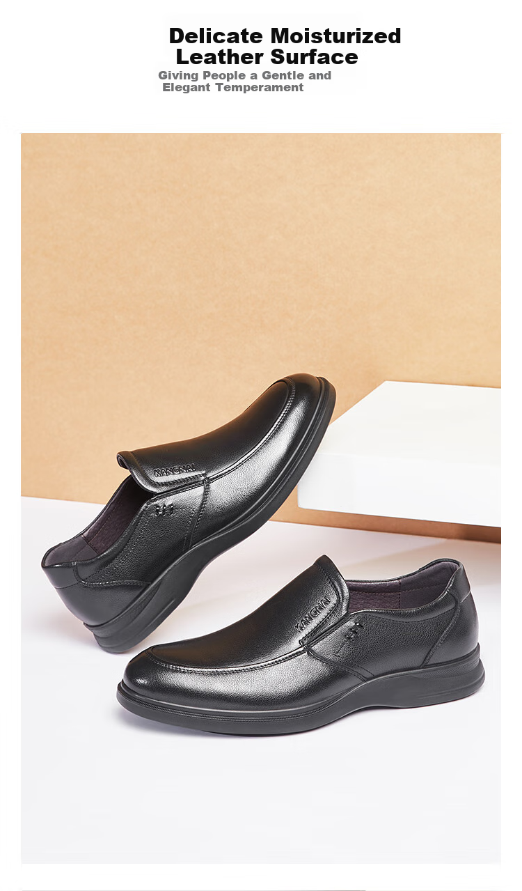 Kangnai Men's Shoes, Spring And Autumn Slip-On Round Toe Business Casual Leather Shoes, Commuter Simple Cowhide Shoes, Black, Size 38 6