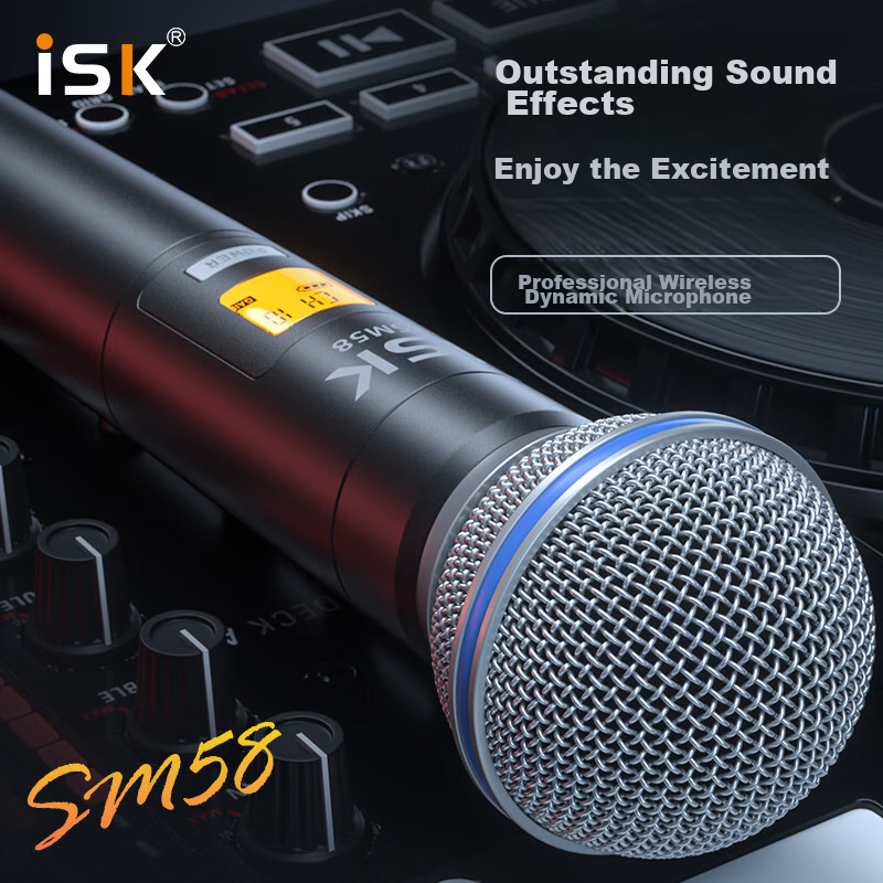 Беспроводной динамический микрофон iSK SM58 с аудиоинтерфейсом iSK DBS второго поколения, полный комплект для пения, уличных выступлений, прямых трансляций, караоке и записи.