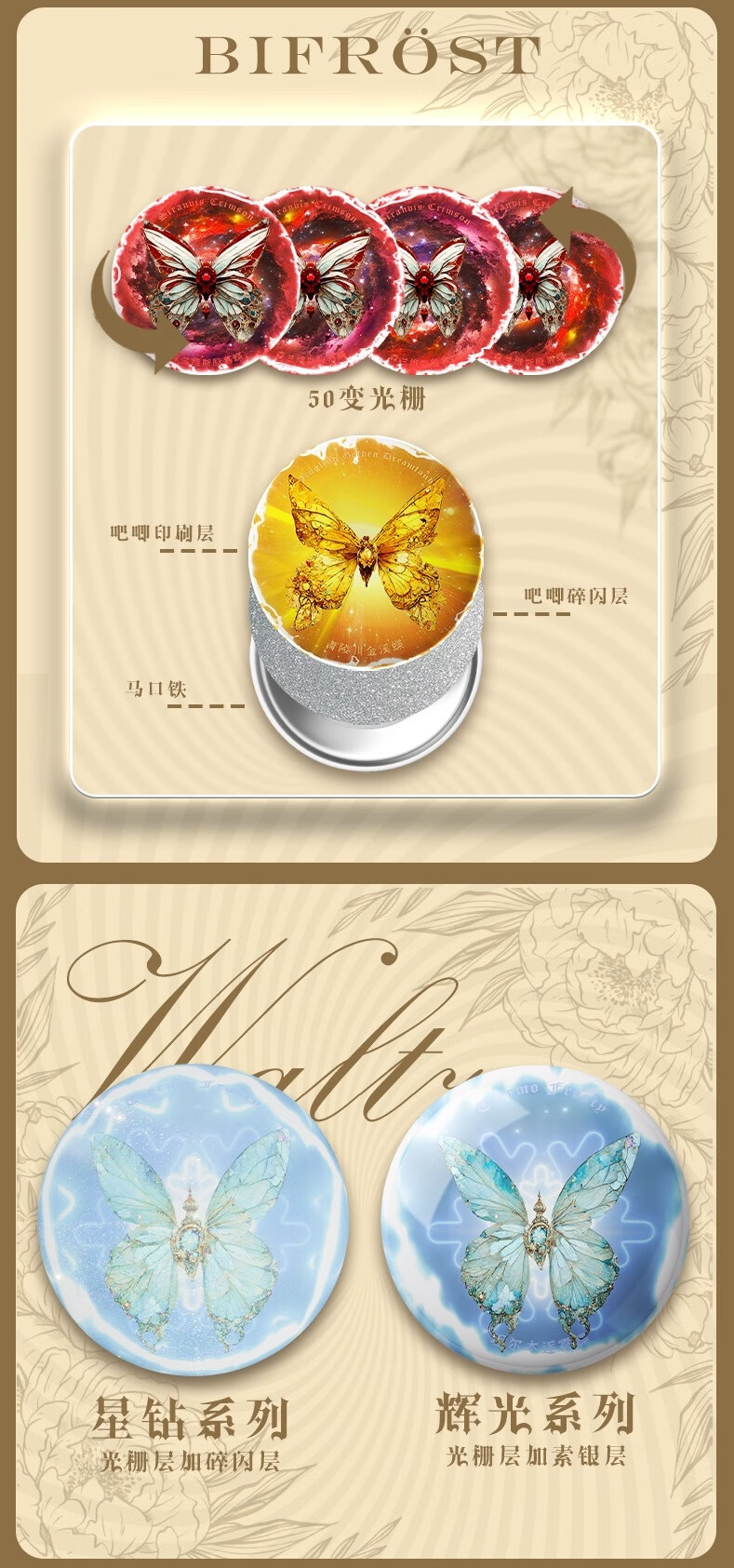 Card.Fun [Three Pieces, Five-Fold] Daydream Butterfly Waltz Series Light Grating Badge Blind Box Barbecue Anime Official Merchandise Guzi, 1 Piece/box 1