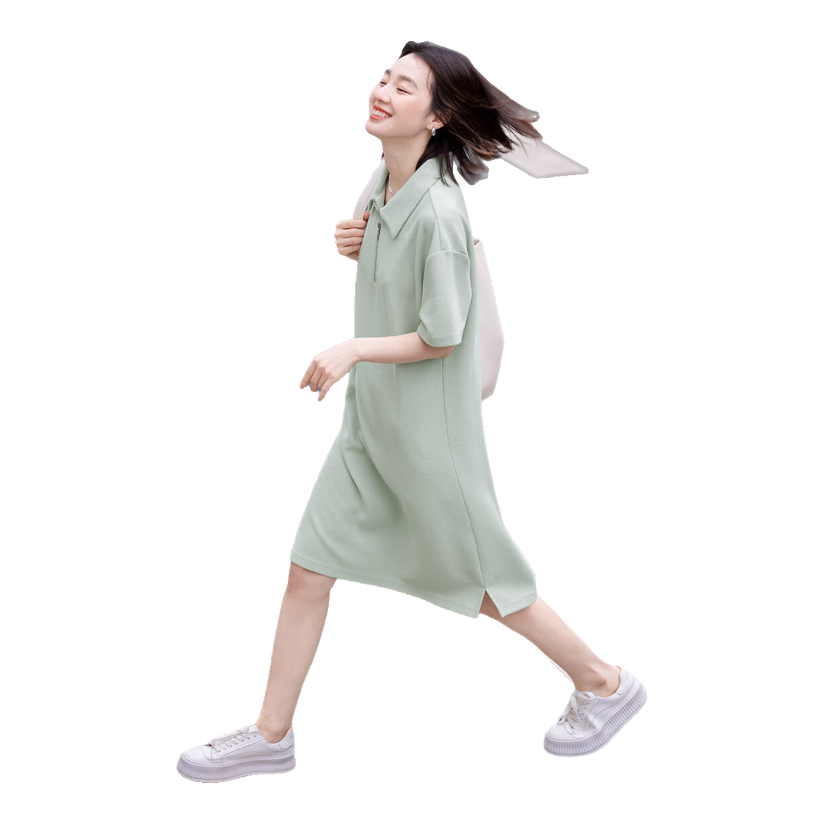 Dme [Waffle Skirt] Summer Polo Collar Zipper Short-Sleeve Waffle Dress