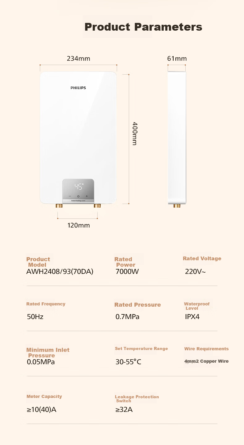PHILIPS Instant Electric Water Heater Installation Service, 7000W Intelligent Rapid Heating, Stepless Frequency Conversion without Storage Tank, Subsidy 15%, Separate Water And Electricity AWH2408/93(70DA) 15