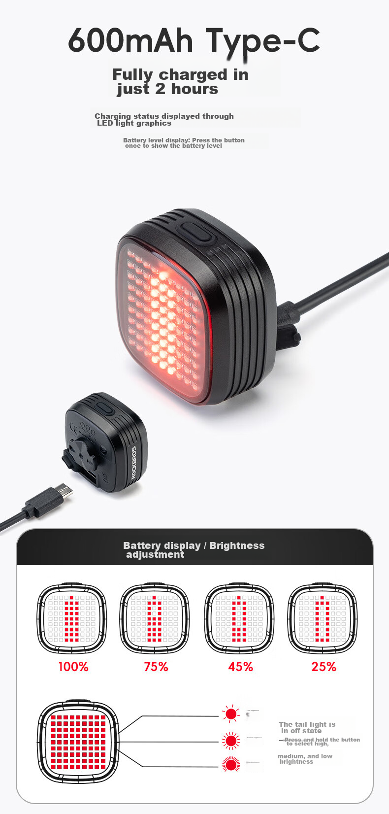 ROCKBROS Bicycle Taillight with Smart Frequency Matching And Brake Sensing, 12 Light Modes, Mountain And Road Bike Night Riding Equipment R7 10