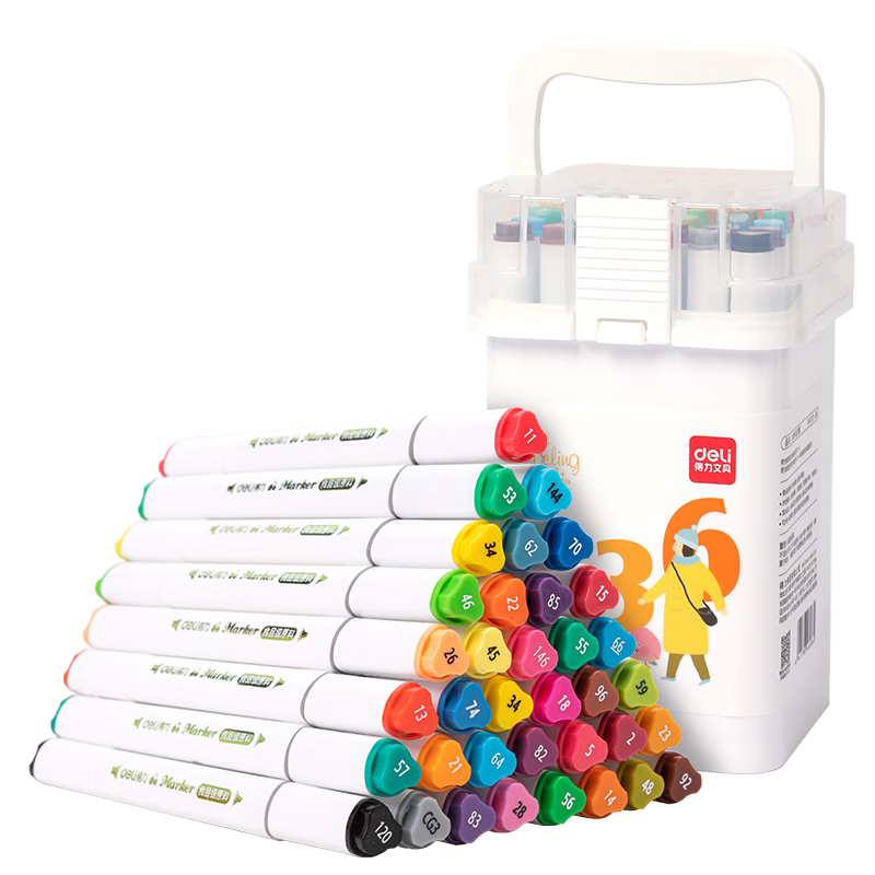 Deli Stationery, 36 Colors Food-Grade Markers, Children's Fine Triangular Dual-Tip Water-Based Colored Pens, Art Tree Drawing Set, Markers HM313-36, Watercolor Pens, Art Education Graduation Gift