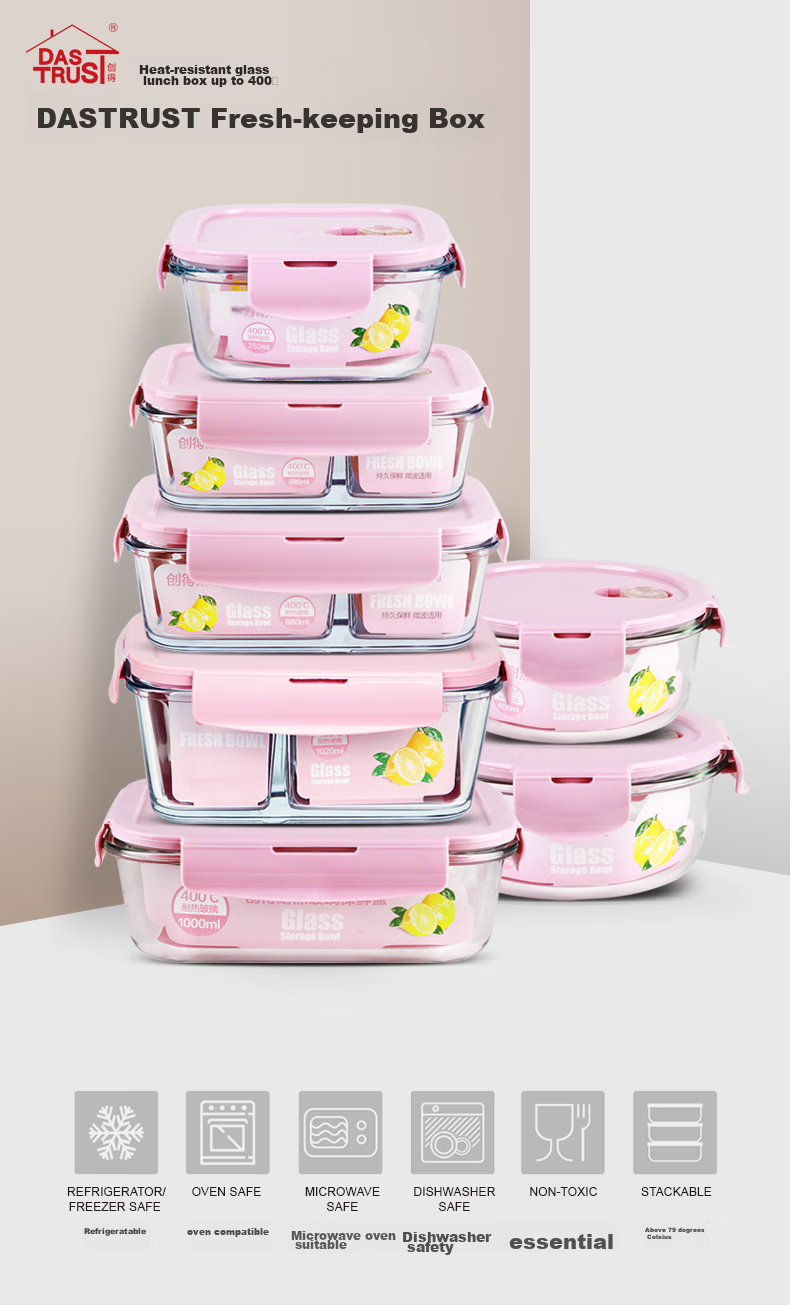 Chuangde Heat-Resistant Glass Food Storage Container, Microwave-Safe Lunch Box for Office Workers, Pink Three-Compartment 1020+700ml+bag 1
