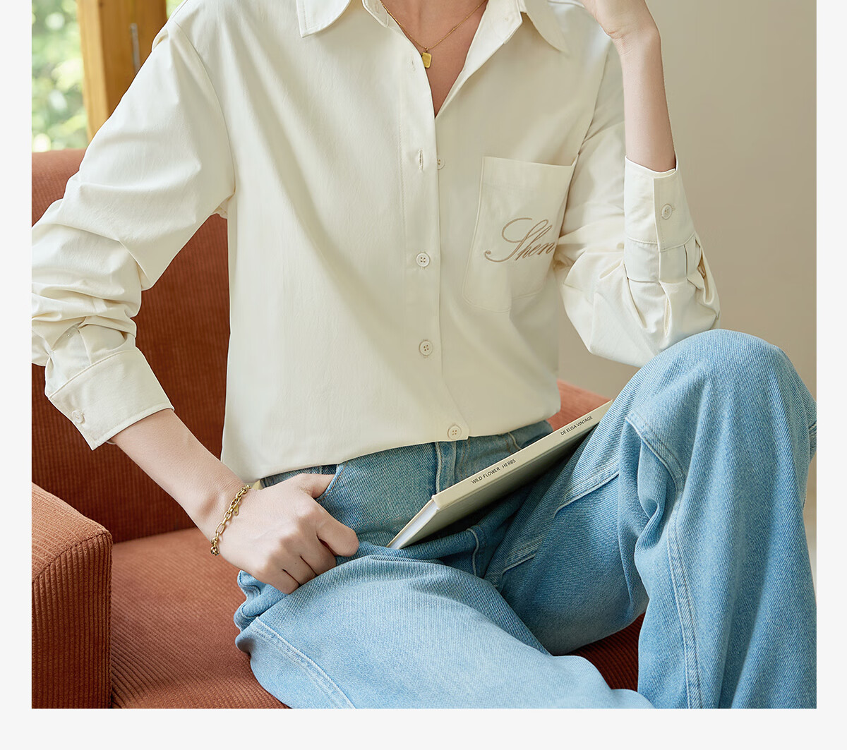 Chushen Spring And Autumn Long-Sleeve Shirt for Women, Turn-Down Collar, Embroidered Pockets, Versatile Commuter Blouse Top S143C2027 21