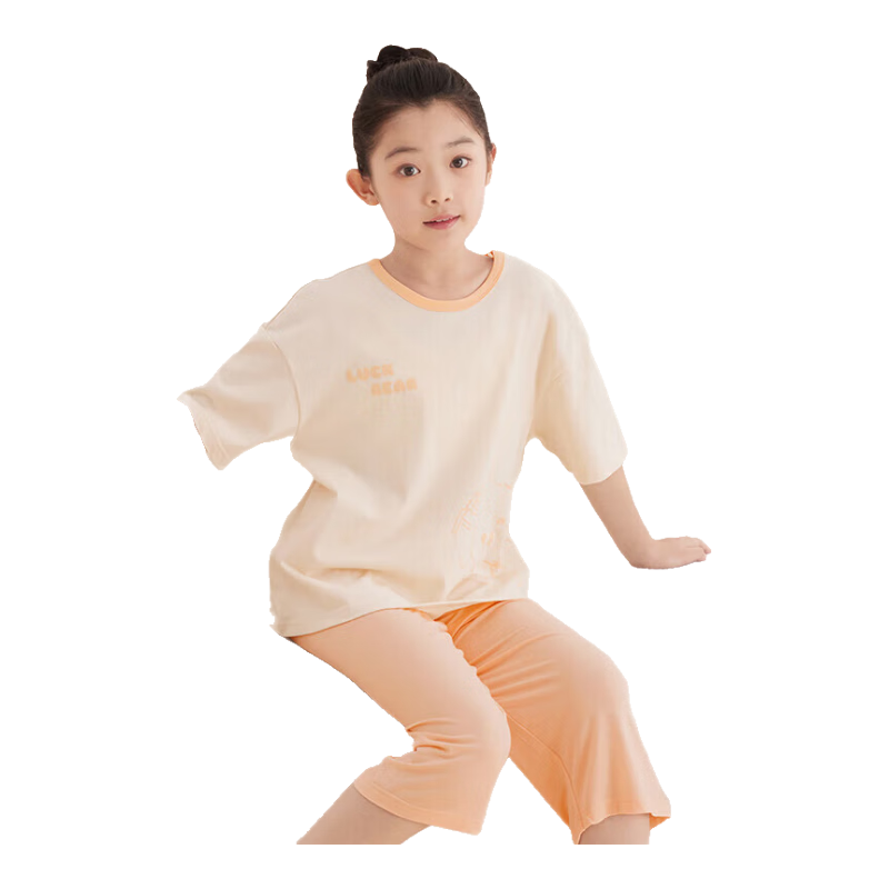 Hodo Children's Pajamas for Boys And Girls, Summer Thin Pure Cotton Short-Sleeve Home Wear Set, Air Conditioning Clothing J3302 Orange Pink 140