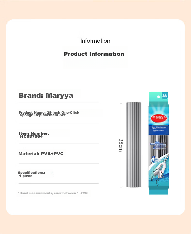 MARYYA Sponge Mop, 38cm with 2 Mop Heads, Absorbent Sponge, One-Button Head Removal, No Hand Washing Required, All-In Wet And Dry Cleaning Tool 2