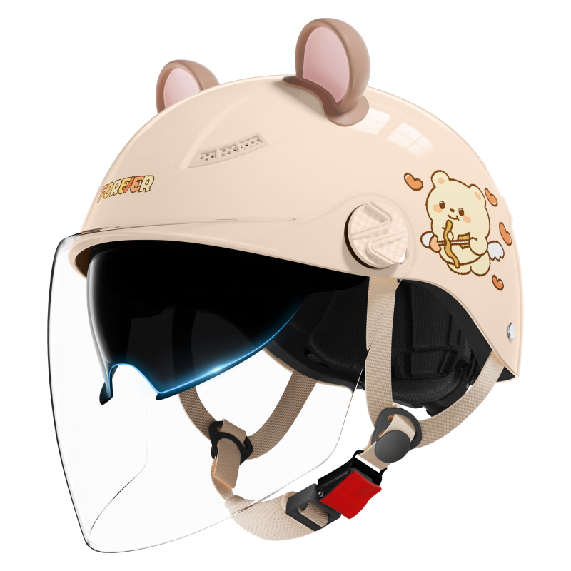 FOREVER 3C Certified New National Standard Electric Bicycle Helmet for Men And Women, Half Helmet for Electric Scooters, Autumn And Winter Anti-Freeze Warm Dual Visor All-Season Motorcycle Safety Helmet C05 Mocha Color Dual Visor