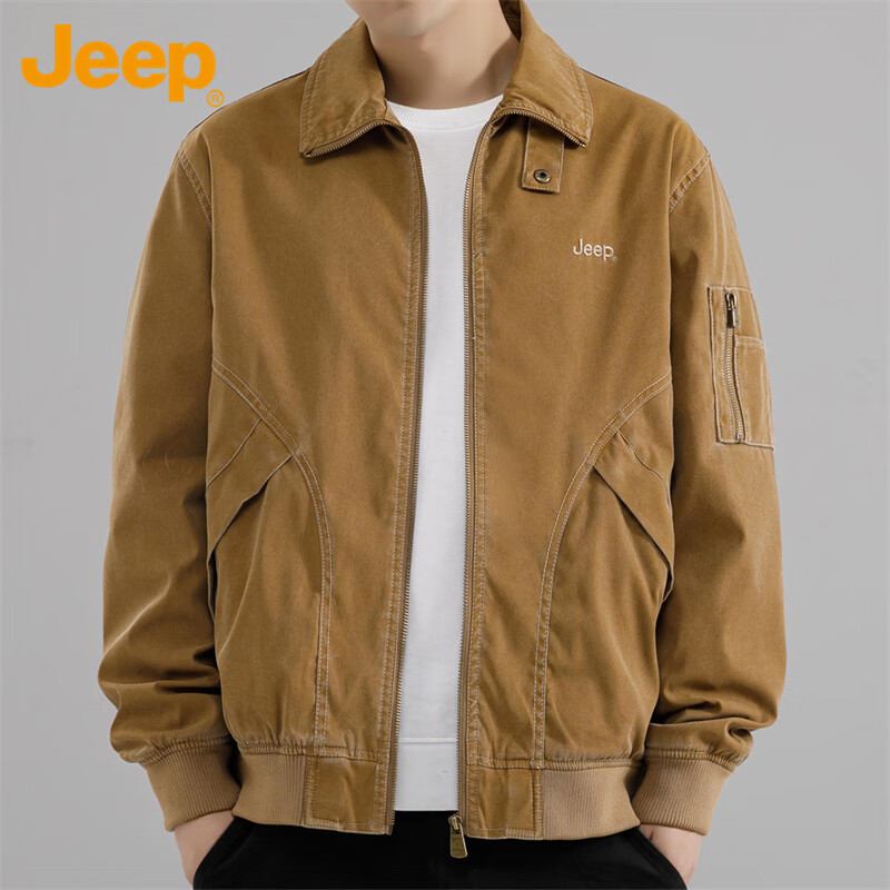 JEEP Men's Jacket, Spring And Autumn Casual Loose Workwear Lapel Coat, Khaki, XL