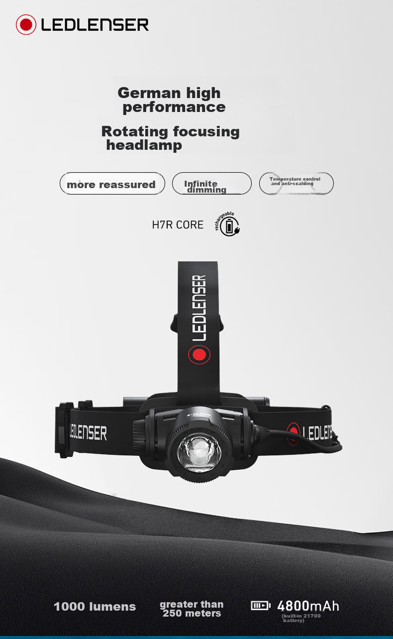 LED LENSER H7R Core Long-Lasting High-Brightness Headlamp, Head-Mounted Night Fishing Light, Illumination Lamp, Rechargeable, Beach Combing, Fishing, Stepless Dimming 3