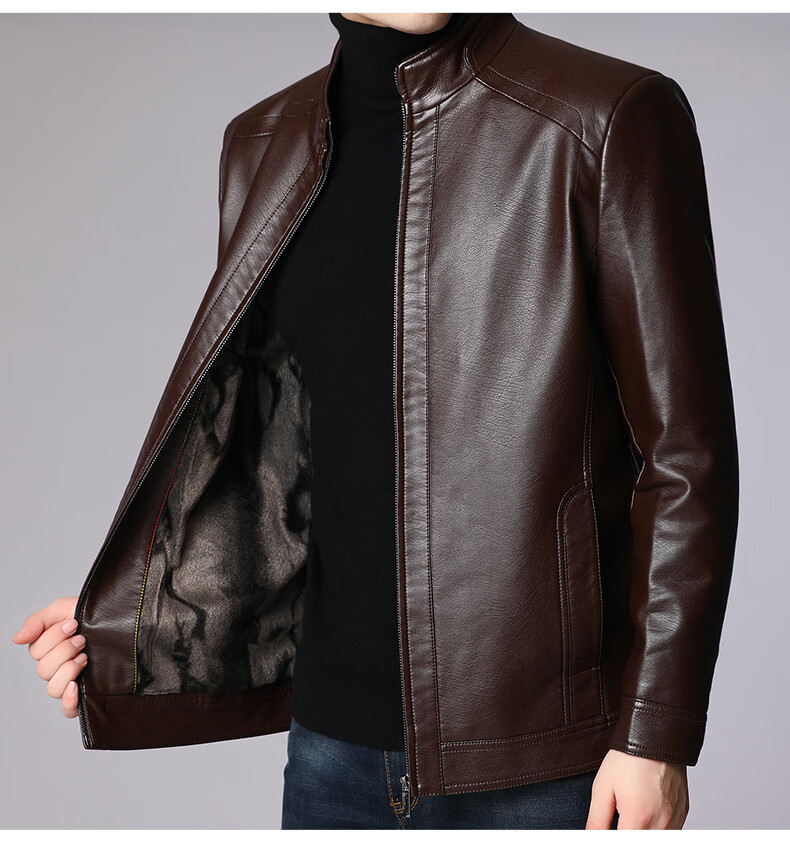 Hengyuanxiang Men's Leather Jacket, 2024 Autumn And Winter Men's Outerwear, Fleece-Lined Thick Casual Lapel Jacket for Middle-Aged And Elderly Me 17
