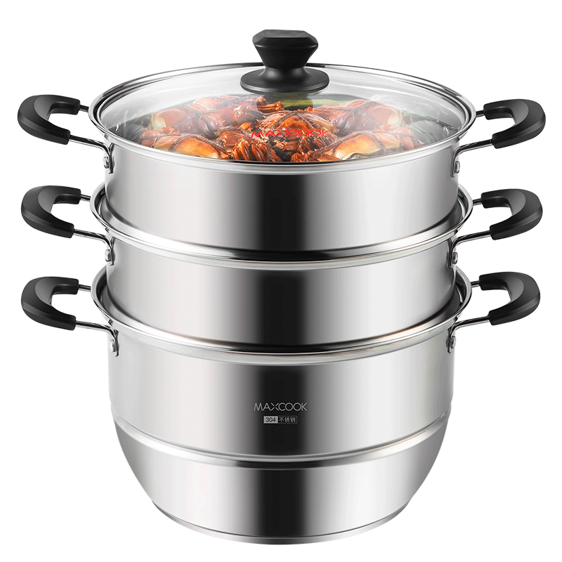 MAXCOOK 304 Stainless Steel Steamer Pot, 30CM Soup Pot, Three-Layer Large Capacity Thickened Bottom