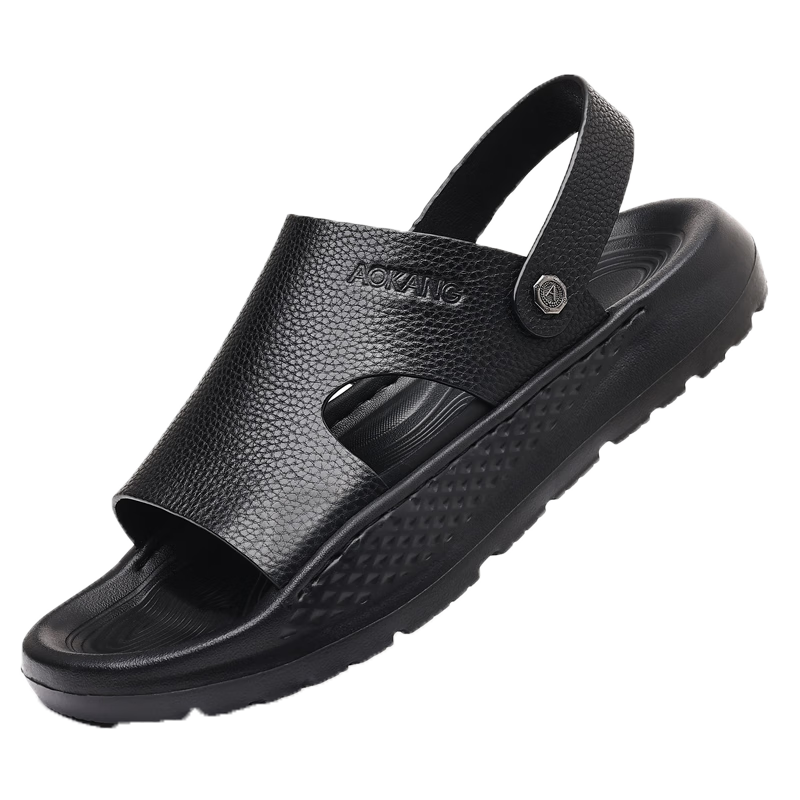 Aokang Summer New Thick Sole Sandals Cowhide Soft Sole Casual Beach Slippers Black Size 42