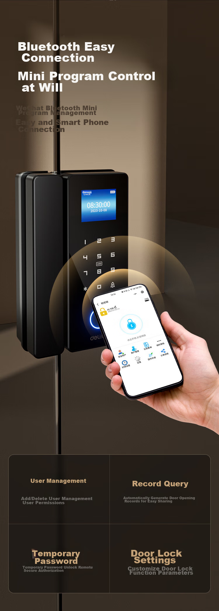 Deli Glass Door Lock, Smart Door Lock with Password, Office Fingerprint Lock, Intelligent Lock, Access Control Lock, Attendance Lock, Mini-Program Management AL100 (Frameless Glass Doors) 7