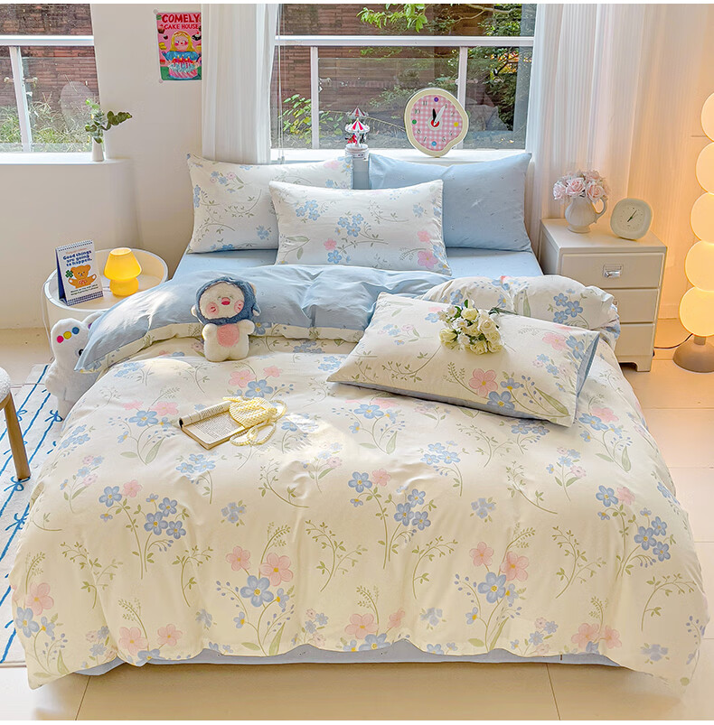 Hongdou Pure Cotton Bedding Set for 1.8/2 Meter Bed, Home Use Double Size Cotton Quilt Cover, 100% Pure Cotton Pillowcases, Bed Sheet And Duvet Cover, 220*240cm Mengyu 8