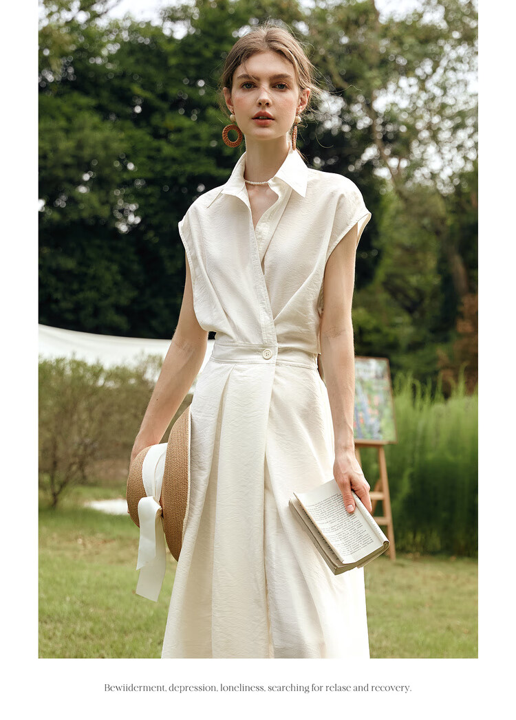 Olrain Eurielle Vintage Shirt-Style Raglan Sleeve Waist-Cinched Dress with Flared Skirt Women Beige L 12