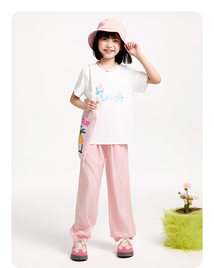 Annil Girls' Round Neck Short-Sleeve T-Shirt, New Summer 2025 Style, Cherry Blossom Pink, Size 120 9
