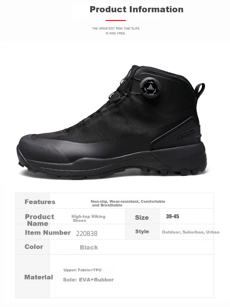 HUMTTO High-Top Hiking Boots for Men, Non-Slip Wear-Resistant Trekking Shoes with Rotating Buckle, Portable Lace-Up Casual Men's Shoes, Black, Size 44 8