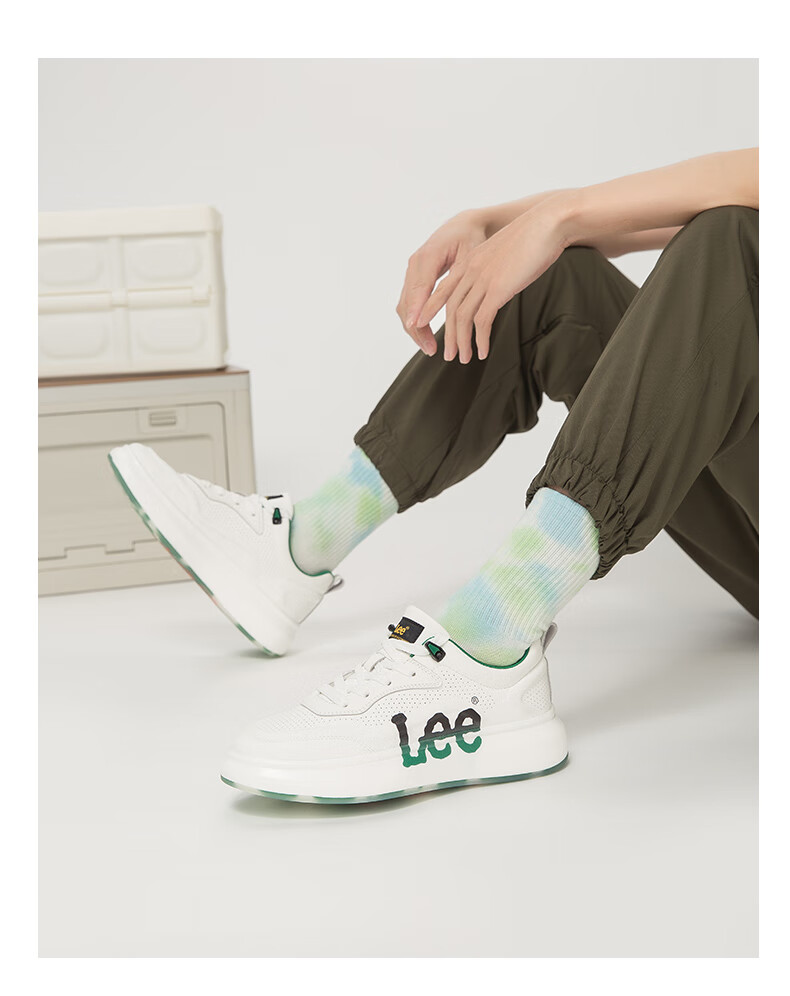 Lee Men's Shoes, White Casual Sneakers, Breathable Trendy Shoes, Thick-Soled Comfortable Low-Top Sports Shoes for Men, Green Men's Style, Size 44 4