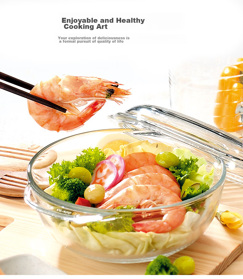 GLASSLOCK Imported Tempered Glass Bowl with Lid, Microwave-Safe Large Salad Bowl, Transparent Double-Handled Soup Bowl Tableware 1030ml 5