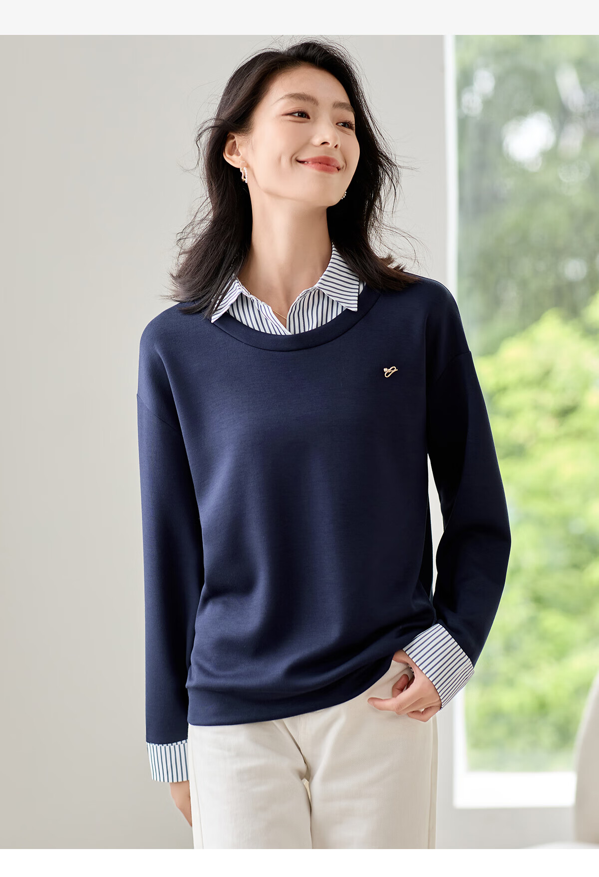 Chushen Women's Patchwork Striped Shirt Collar, Fashionable Faux Two-Piece Design with Delicate Brooch Top S143W1012 4